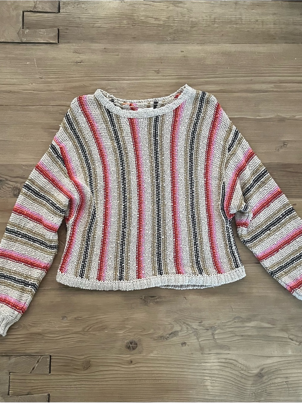 Billabong Striped Crewneck Sweater in White, Pink & Navy